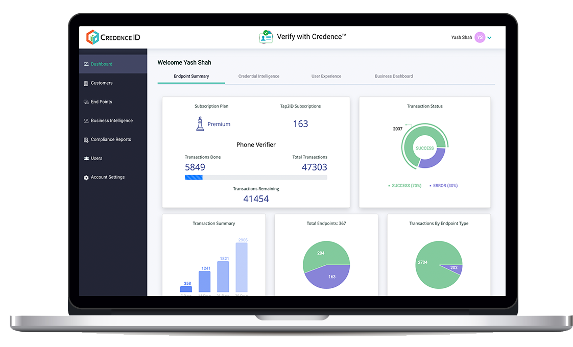 Image indicates a laptop screen with Verify with Credence Portal's dashboard displayed